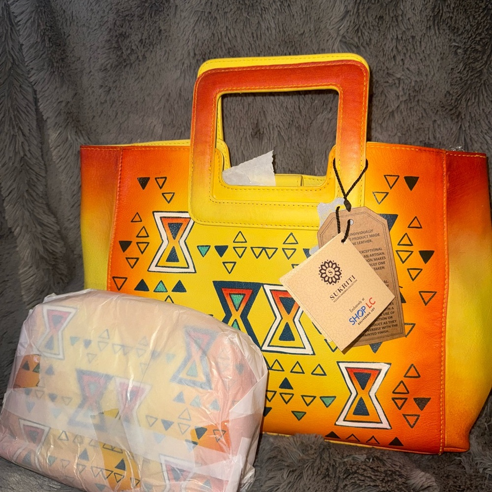 Yellow and Orange Sukrita leather Geometric Tote Bag